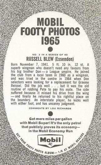 1965 Mobil Footy Photos VFL #3 Russell Blew Back